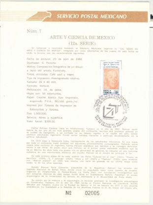 Imagen de HOJA CARNET PRIMER DIA 1988 ESTAMPILLA CARLOS PELLICER CAMARA