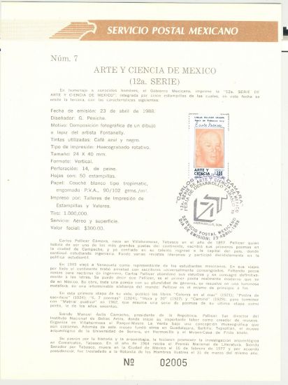 Imagen de HOJA CARNET PRIMER DIA 1988 ESTAMPILLA CARLOS PELLICER CAMARA
