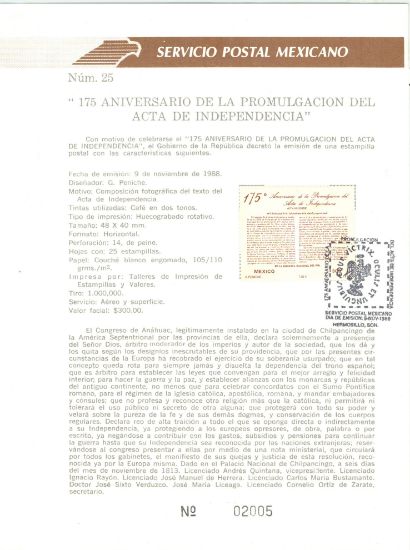 Imagen de HOJA CARNET PRIMER DIA 1988 ESTAMPILLA ACTA DE INDEPENDENCIA DE MEXICO