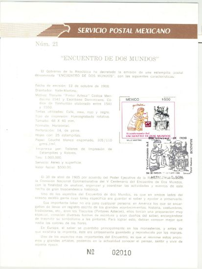 Imagen de HOJA CARNET PRIMER DIA 1988 ESTAMPILLA ENCUENTRO DE DOS MUNDOS 