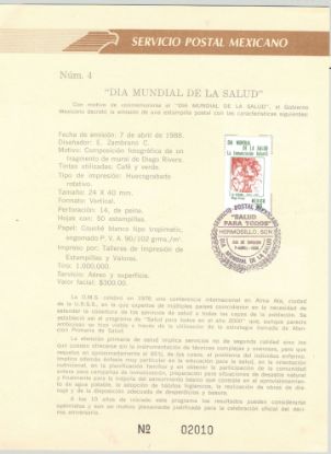 Imagen de HOJA CARNET PRIMER DIA 1988 ESTAMPILLA DIA MUNDIAL DE LA SALUD PINTURA DIEGO RIVERA 