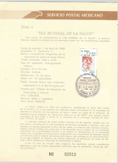 Imagen de HOJA CARNET PRIMER DIA 1988 ESTAMPILLA DIA MUNDIAL DE LA SALUD PINTURA DIEGO RIVERA 
