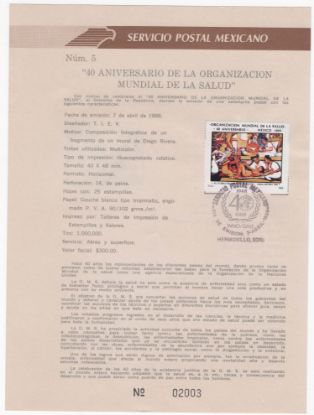 Imagen de HOJA CARNET PRIMER DIA 1988 ESTAMPILLA ORGANIZACION MUNDIAL DE LA SALUD PINTURA DIEGO RIVERA 