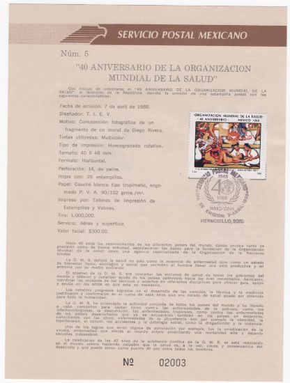 Imagen de HOJA CARNET PRIMER DIA 1988 ESTAMPILLA ORGANIZACION MUNDIAL DE LA SALUD PINTURA DIEGO RIVERA 