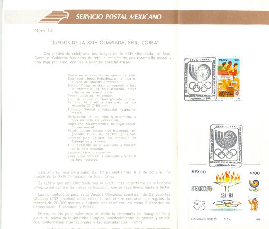 Imagen de HOJA CARNET PRIMER DIA ESTAMPILLAS JUEGOS OLIMPICOS SEUL COREA 1988