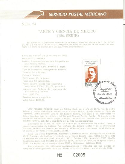Imagen de HOJITA ARTE Y CIENCIA DE MEXICO VITO ALESSIO ROBLES POLITICO Y PERIODISTA DE COAHUILA 1988