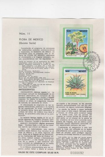 Imagen de HOJA CARNET PRIMER DIA 1983 ESTAMPILLAS FLORA DE MEXICO MAGUEY Y CHICO ZAPOTE