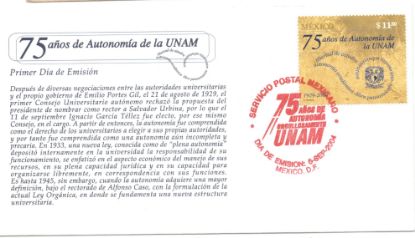 Imagen de SOBRE PRIMER DIA ESTAMPILLA 75 AÑOS UNAM 2004 