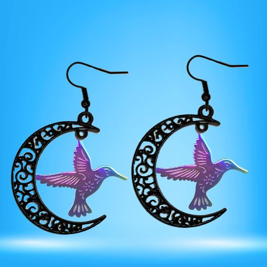 Imagen de Hermoso Colibri Acero Inoxidable Alta Durabilidad en Luna Creciente Negra 41x31mm en Aretes, Collar o Juego (Aretes+Collar)+9 Combinaciones y Modelos para Escoger x1col