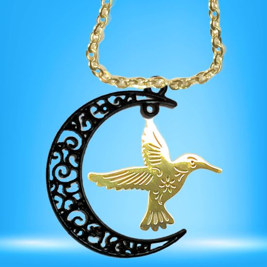 Imagen de Hermoso Colibri Acero Inoxidable Alta Durabilidad en Luna Creciente Negra 41x31mm en Aretes, Collar o Juego (Aretes+Collar)+9 Combinaciones y Modelos para Escoger x1col-Lopi
