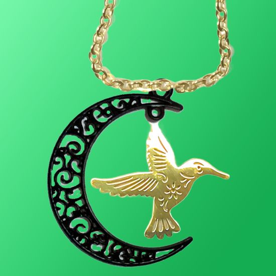 Imagen de Hermoso Colibri Acero Inoxidable Alta Durabilidad en Luna Creciente Negra 41x31mm en Aretes, Collar o Juego (Aretes+Collar)+9 Combinaciones y Modelos para Escoger x1col-Lopi