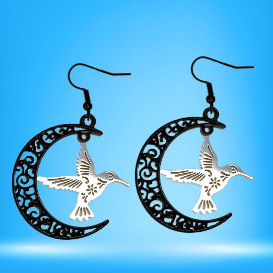 Imagen de Hermoso Colibri Acero Inoxidable Alta Durabilidad en Luna Creciente Negra 41x31mm en Aretes, Collar o Juego (Aretes+Collar)+9 Combinaciones y Modelos para Escoger x1col-Lopi
