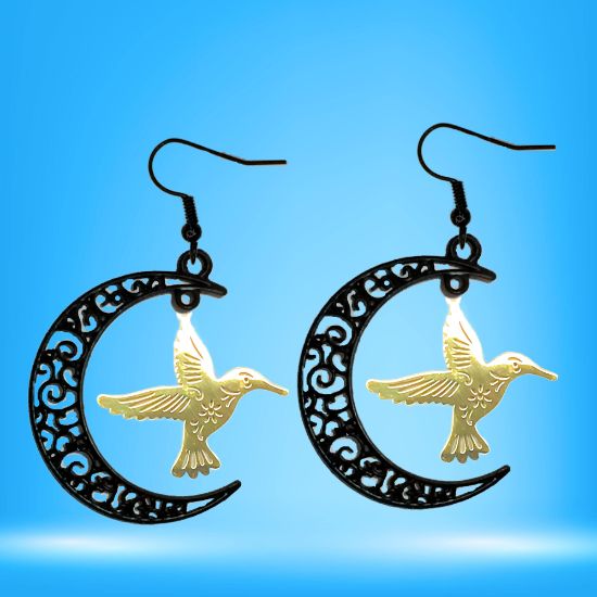 Imagen de Hermoso Colibri Acero Inoxidable Alta Durabilidad en Luna Creciente Negra 41x31mm en Aretes, Collar o Juego (Aretes+Collar)+9 Combinaciones y Modelos para Escoger x1col-Lopi
