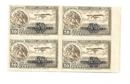 Imagen de BLOCK DE 4 ESTAMPILLAS AERAS AGUILA Y BIPLANO DE 1931 HABILITADAS A 30 CTS 