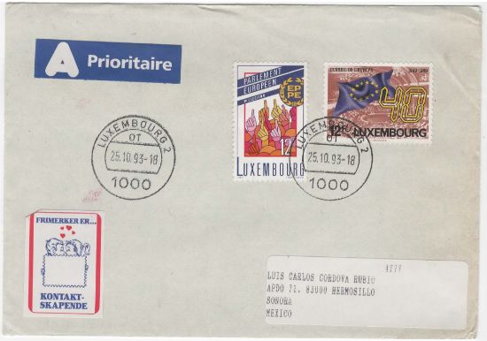 Imagen de SOBRE CIRCULADO DE LUXEMBURGO A MEXICO 1993 ESTAMPILLAS PARLAMENTO Y BANDERA UNION EUROPEA