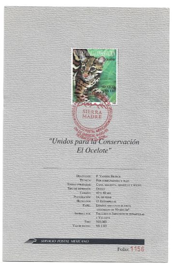 Imagen de HOJITA CARNET ESTAMPILLA CONSERVACION OCELOTE 1995 SELLO PRIMER DIA