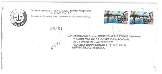 Imagen de SOBRE CIRCULADO SERIE MEXICO TURISTICO EDOMEX $3.50 REGISTRADO DE MONCLOVA A HERMOSILLO