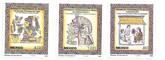 Imagen de SERIE ESTAMPILLAS MEXICO PREHISPANICO ACAMPICHTLI, TARIACURI Y 10 VENADO PECHERA DE TIGRE 1982