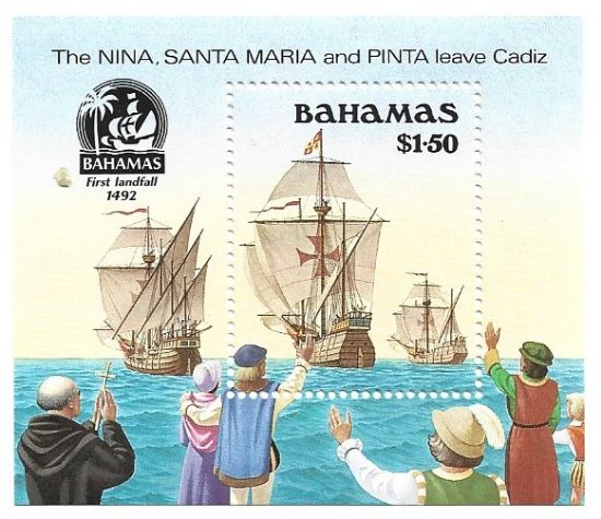 Imagen de ESTAMPILLA HOJITA BAHAMAS COLON 500 AÑOS SALIDA DEL PUERTO DE CADIZ NUEVA