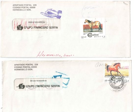 Imagen de SEIS SOBRES CIRCULADOS CON SERIE DE ESTAMPILLAS PINTURAS DE CABALLOS 1994  6 SOBRE SERIE COMPLETA