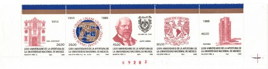 Imagen de  ESTAMPILLAS DEL LXXV ANIVERSARIO DE LA UNAM 1985 ESTAMPILLAS NUEVAS TIRA SE TENANT