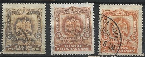 Imagen de ESTAMPILLAS AGUILITAS DE 5C DE PORFIRIO DIAZ 1900  , VARIEDADES DE COLOR NARANJA OCRE Y OLIVO USADAS